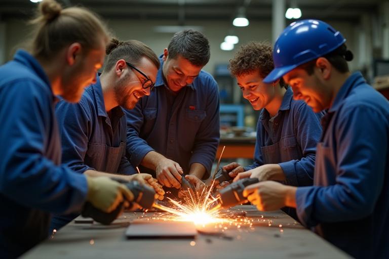 A small group of participants smiling as they learn to use welding tools under the guidance of a craftsman in the workshop.